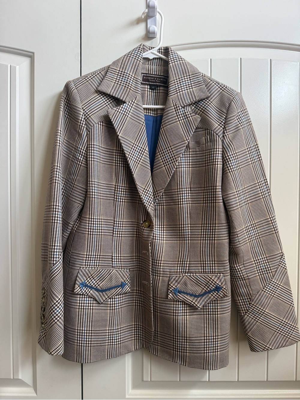 Double D Ranch Tan & Brown Plaid Blazer with Blue Trim